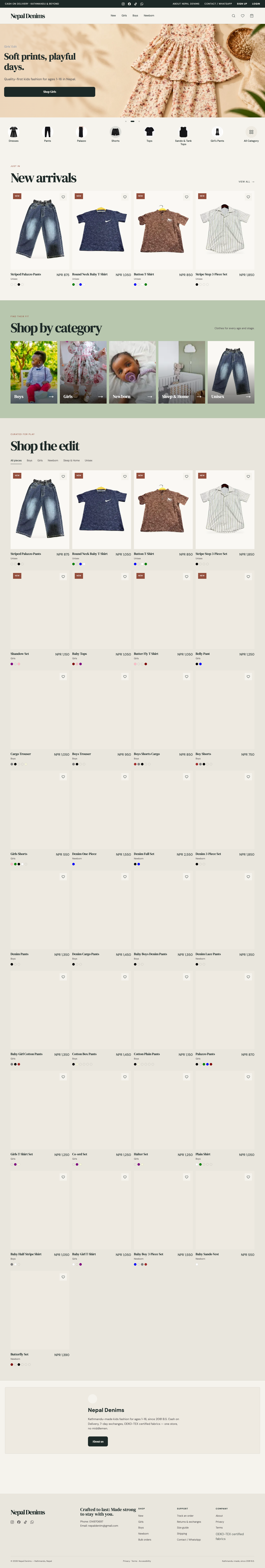 Live homepage (nepaldenims.com) — hero banner, category tiles (Dresses/Pants/Palazzo/Shorts/Tops/Sando/Girls' Edit/All Categories), New Arrivals rail, 'Shop by category' section, and full product edit grid with real prices in NPR.