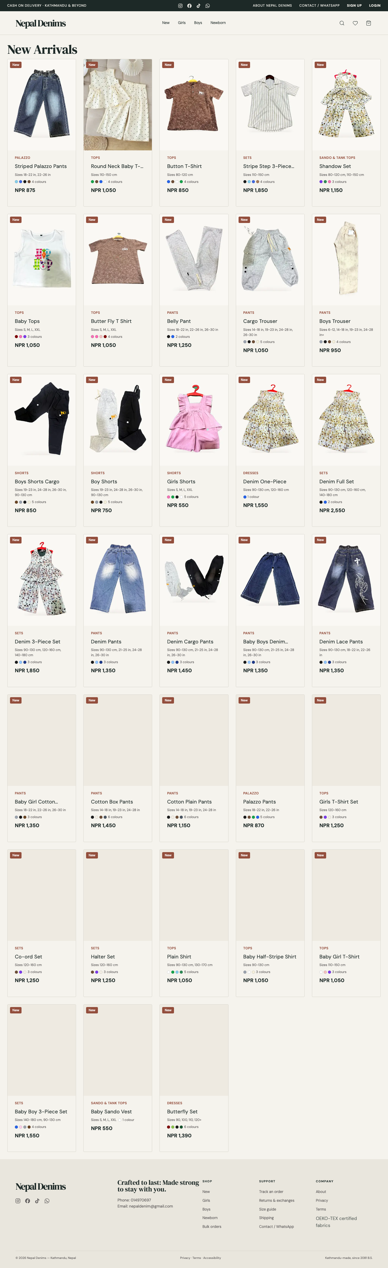 Live /new (New Arrivals) category page — full product grid with per-item size ranges, color-swatch selectors, and NPR pricing; 30 real live SKUs visible.