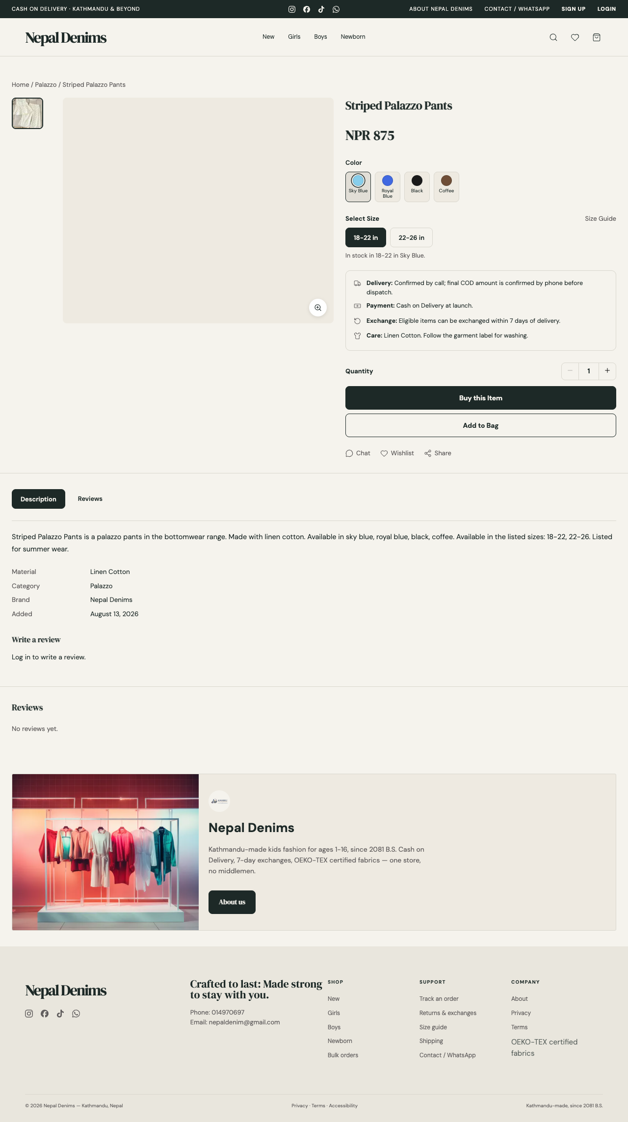 Live product detail page for 'Striped Palazzo Pants' — color/size variant selectors, stock-aware availability text ('In stock in 18-22 in Sky Blue'), delivery/payment/exchange/care info block, Buy/Add to Bag actions, and description/reviews tabs. (Hero image was still lazy-loading when this frame was captured — visible fully loaded in the cart-drawer screenshot.)