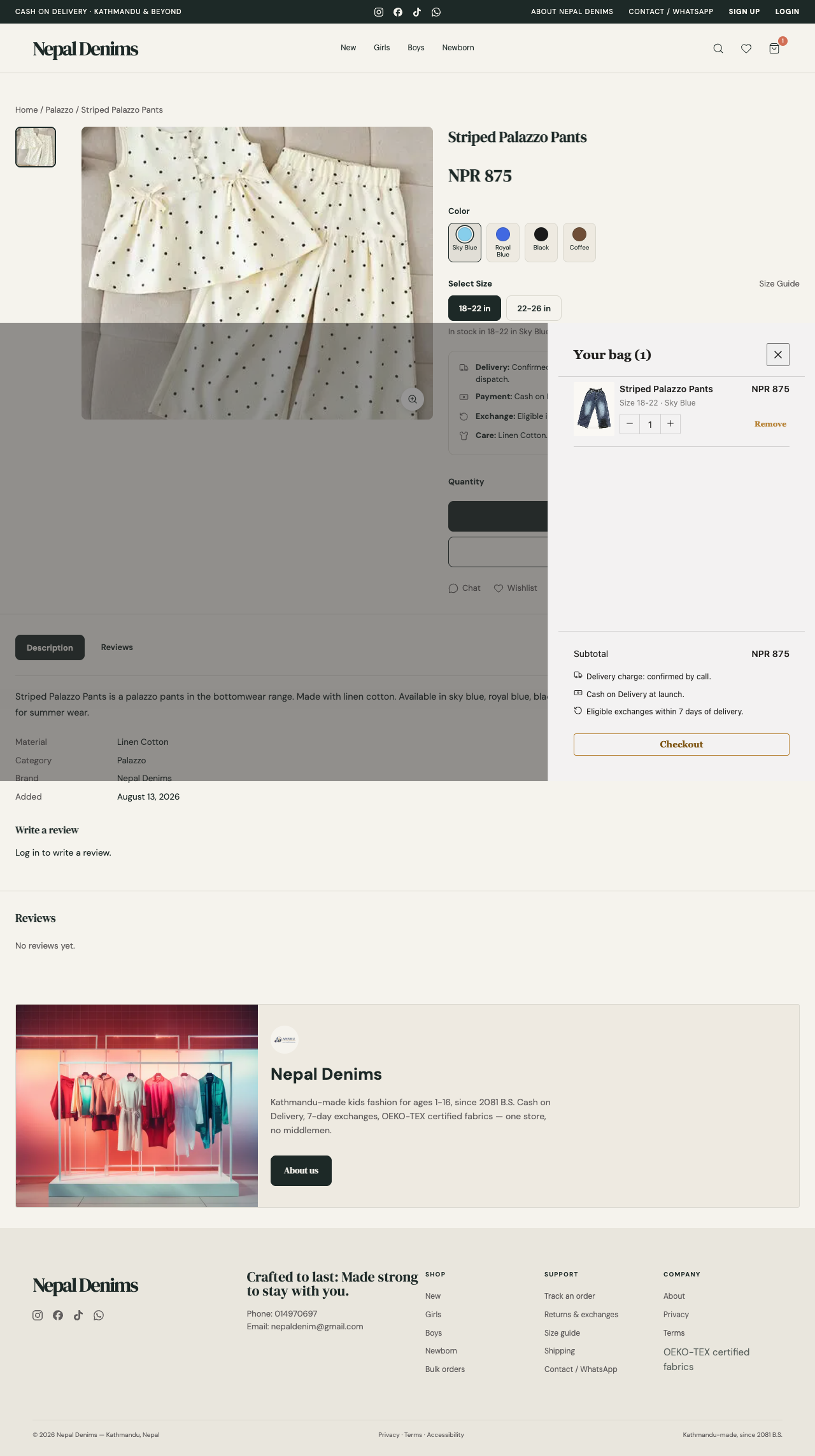 Live 'Your bag' cart drawer after actually adding the Striped Palazzo Pants to cart in a real browser session — shows line item, subtotal, delivery/COD/exchange notes, and Checkout button. Confirms add-to-cart works end-to-end on production.